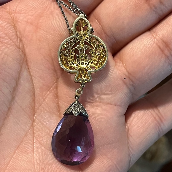Antique diamond and amethyst drop necklace yellow gold and sterling silver - Picture 4 of 4